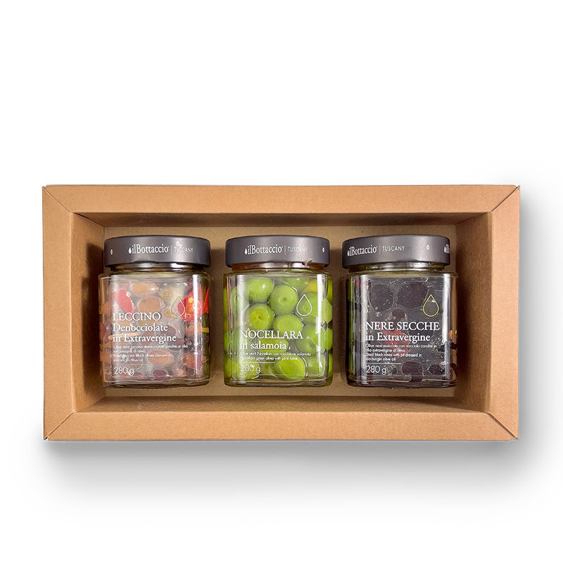 Gift box tris olives in extra virgin olive oil